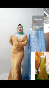COD Gaun Slim Beludru Sequin sudah Set Selayer Kepala dan Pundak - Gaun Pengantin Beludru Sequin - Pakaian Wedding Termurah slim