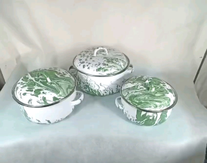 Leoshop888 Panci Deko Ice Enamel Tebal  blirik Set Hijau Terdiri 3 Panci Dan 3 Tutup Dengan Ukuran 16/18/20cm Panci Blirik Jadul