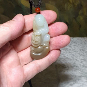 Gegegems Collection exquisite Nephrite half white half caramel brown  Fortune Boy Beginners Luck (Boy Ingot & Copper Coins) Jade pendant (with certificate) 精品和田玉天然且末半糖半白全手工巧雕运财童子(童子、元宝、铜线)吊坠(带证书)