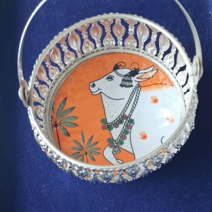 German Silver Pichawali Cow Design Flower Basket – Traditional & Elegant Decor