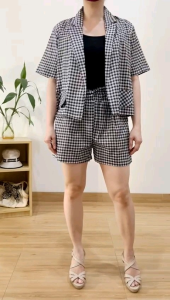 ●ECLAIRE● 063 Setelan Blazer Celana Pendek 2in1 Motif Kotak Gingham Square Geometris Korea Kasual Casual Basic Dailywear Santai ioba