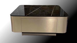 Bàn trà đơn Sofa phòng khách mặt kính hoặc đá cốt gỗ MDF phủ hợp kim màu đồng xước Copper Bush 4.1 sang trọng