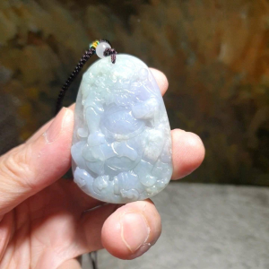 Gegegems Collection Type A Jadeite light greenish light purplish Zhong Kui Jade pendant (with certificate) 翡翠淡绿淡紫钟馗吊坠(带证书)