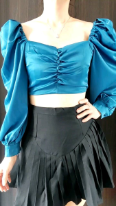 8 Warna - Lolly Crop Top Import - Blus Lengan Panjang - Satin Premium Quality - Elegan - Baju Kondangan Pesta Formal Korea style Blouse Sabrina