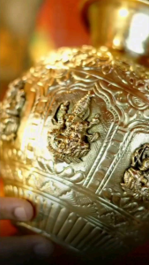 Ashta Lakshmi Kalash Gold Plated Brass Vase with Intricate Indian Design and Unique Flower Patterns