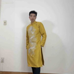 Ao Dài Cách Tân Nam Vải Taffta Kim Cương Cao cấp với hoạ tiết thêu rồng vàng