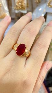 CINCIN EMAS BATU GIOK MATA MERAH UKIR ANTI LUNTUR PERHIASAN XUPING