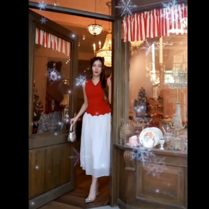 Camellia เดรสสีแดง กระโปรงสีขาว + กิ๊ฟ