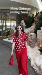 A1274 ชุดเซต เสื้อลายหัวใจผูกโบว์ + กางเกงขายาวสีแดง