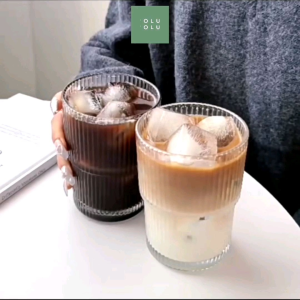 INS Style Origami Vertical Striped Transparent Glass Coffee Cup Iced Americano Latte Cup Gelas Cawan Air Minuman Kopi