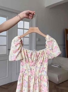 Đầm Hoa Nhí Dáng Dài Xẻ Tà Tay Bồng Cổ Vuông Rớt Vai - Hitu House [D.14]