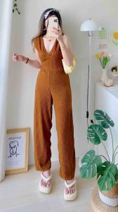 E♡ JELYNE TERNO V-NECK JUMPSUIT PLAYSUIT ONESUIT PANTS BARKCREPE BKK WOMEN FEMALE