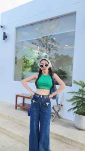 LN กางเกงยีนส์ทรงกระบอก เอวสูง กระเป๋าคู่หน้าปักดอกไม้ S-6XL