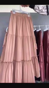 กระโปรงงานต่อชั้น รุ่นโบว์ข้าง กระโปรงยาว ผ้าพื้น เอวยยางยืด ใส่แล้วทรงตัว ใส่เที่ยวใส่ทำงานได้