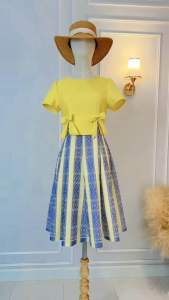 เดรสผ้าทอลายอัดกาวแต่งโบขอบเอว