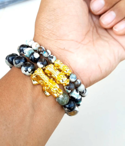 Gelang Manik Manik Green Flower Agate Bracellet Pixiu Emas