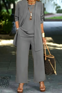 Set Solid Tiga helai Kasual Pakaian Cardigan Lengan Panjang & Atasan & Seluar Panjang kain como crepe