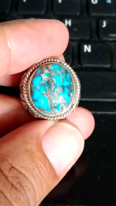 CINCIN BATU PIRUS PERSIA BIRU PANCI MOTIF GARIS YIN-YANG NATURAL RING PERAK