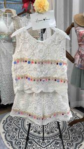 set len sợi móc 2 món hàng QC gồm áo ba lỗ hạt mix quần sooc phong cách đi biển du lịch