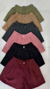 กางเกงขาสั้น ผ้าลูกฟูก เอวสูงสไตส์เกาหลี หลังสม็อค