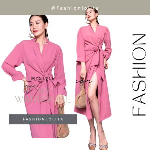 (MegaSALE) (นางแบบใส่ชุดขาย) Bow bowie Kiri XX Dress เดรสคอวีแหลม เดรสอกไขว้ช่วงเอวผูกโบเข้ารูป ดีเทลปกแหลมหยักสวยมาก ชายผ่าแหวก โชว์เรียวขาเบาๆ ผ้าดีใส่สบายควรมีติดตู้ใส่ได้บ่อยสวยดูดี