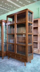 Teak Real Wooden Cabinet Furniture - ตู้โชว์ไม้สัก สูง 2 เมตร ตู้ไม้สักแท้ (ส200xก120xล40 cm.) สีเสี้ยนดำน้ำตาล