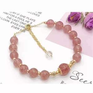 Gelang Tangan Kristal Suasa Emas Natural Crystal Strawberry Quartz 14K Gold Plated Bracelet 天然水晶草莓晶设计款手链