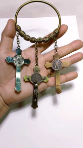 St. Benedict Tri-Color Miraculous Medal and Exorcism Crucifix Hanging Door Chimes for Protection Against Evil. Free Gift Pouches