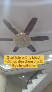 Quạt Trần 6 Cánh Chao Pha Lê Loại 1 Phù Hợp Cho Không Gian Phòng Khách Động cơ êm ái Tiết kiệm điện Lõi đồng 100%
