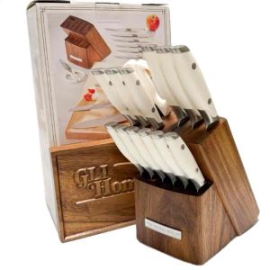 The Pioneer Woman 14 Pieces Knife Set with Acacia Wood Block Stainless Steel Cutlery Set Linen