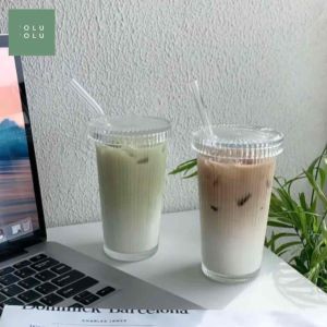 Nordic INS Style Simple Vertical Stripes Tall Glass Cup Gelas Kaca with Lid and Straw for Cold Drink Coffee Kopi Jus