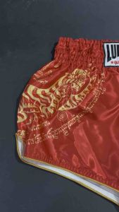 Lumpinee Satin Retro Muay Thai Fight Shorts Printed Tiger Yant Red Gold