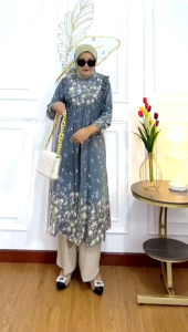 Set Long Tunik Bunga Tulip Rayon Premium Mix Crinkle Airflow / Fashion Muslimah Setelan Tunik Panjang Celana Panjang Elegan Kualitas Premium
