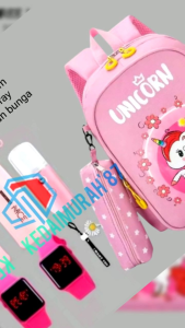 Tas ransel anak unicorn tas sekolah anak perempuan TK SD gratis jam tangan botol minum kaca nano spray gantungan tas bunga tas ransel