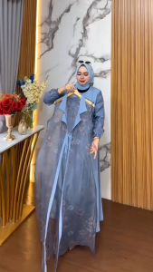 Gamis Muslimah Premium Mode #5 – Royal Twish Mix Tansel Print + Outer Elegan (Lilac Tosca Sannint Bluegrey)