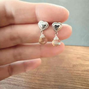 [Studs & Such] 925 Silver Feminine Heart Drop Earrings With Natural Citrine Stone