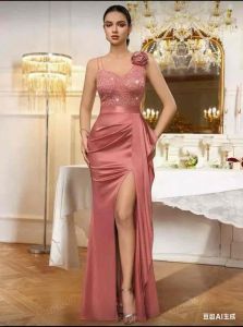 Melody Sequin Floral Lace Deep V-Neck Split Thigh Ruched Hem Chiffon Evening Party Long Dress Cami Dress Prom Dress