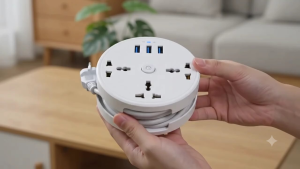 White Power Strip with USB Ports and Indicator Lights for Charging Devices on Desk