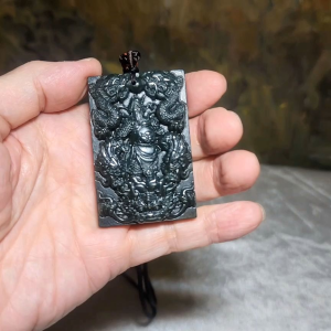 Natural deep green Nephrite Guan Gong (Guan Yu) & 9 Dragons (5 in front 4 behind) Jade pendant (with certificate)
