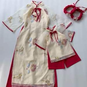 (4-64kg) Áo Dài Cách Tân Hoa Sen Kem Thêu NHÍM XÙ KIDS Cho Bé Gái 6 Tháng Đến 8 Tuổi AD157