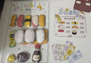 Bộ Squishy giấy Handmade - Đóng Vai Buôn Bán không phai màu chơi bền vững với các miếng sushi màu sắc menu giá cả và phụ kiện nhỏ xinh.