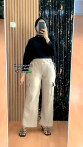 Celana Kulot Cargo Knit Hornet Premium Saku Samping Panjang Wanita Korean Style Bawahan Kargo Ukuran Standar XL Jumbo