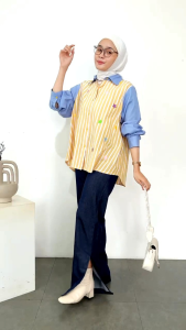 Kemeja Wanita Korean Style Kombi Bordir Alma Stripe Salur Oversize Jumbo