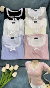 Áo Thun Nữ Dáng Ôm Cổ U Phối Viền Ren Nơ Mềm Mịn Co Dãn 4 Chiều HAPPY