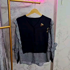 ●ECLAIRE● 0KX Kemeja Oversize Knit Kombinasi Motif Houndstooth Lengan Panjang Classy Kasual Import Premium 13411
