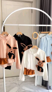 Kemeja Kasual Unik Korea: Kemeja Lengan Panjang Motif Kelinci Bunny Rabbit Korea Kasual Casual Lucu Unik Import iiisg