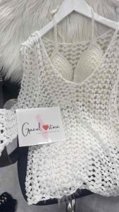 Ren 18-set bikini ren đi biển - set 3 món - bra gấu sóng + quần ren sọc hoa to + choàng tim chui đầu (có tách rời)