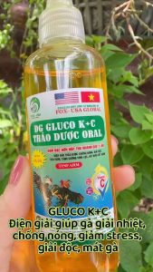 ĐIỆN GIẢI-ĐG GLUCO K+C GÀ ĐÁ (100ml) giúp chống nóng chống hóc mát gà tăng cường sinh lực khoẻ gà cung cấp vitamin.