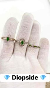 Natural Diopside Ring with Oval Green Stone and Small Diamonds on Silver Band
