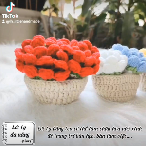 Đế lót cốc miếng lót ly có chậu đựng băng len handmade